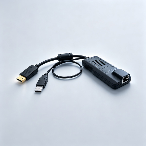 HT1708 LCD KVM over IP switch package contents - power cord, quick start guide, user manual, mounting rails, Cat5 cable, ground lead, and various server interface modules (USB, HDMI, DVI, VGA)