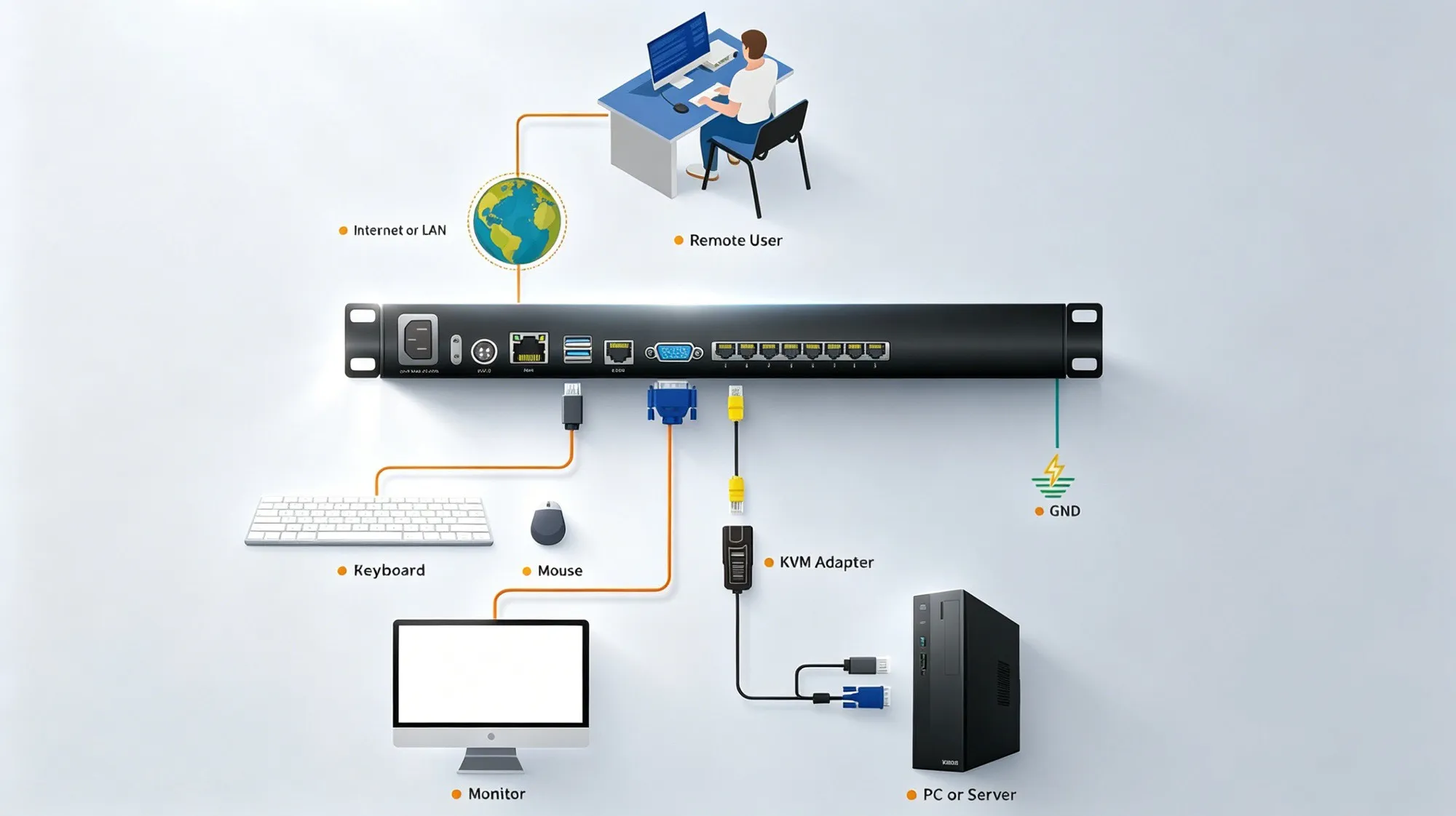 CAT5 KVM over IP connection diagram - RJ-45 ports connect to servers via Cat5e/6 cables up to 100m, with local console access and remote IP access over LAN/WAN
